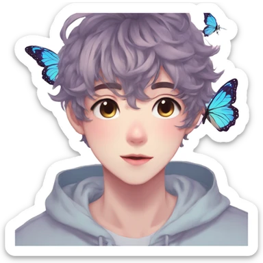 Gorgeous pastel anime style boy with blushing face and butterflies aesthetic trending style sticker