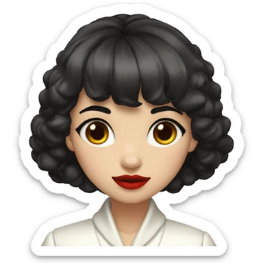 girl dark hair short to the shoulders and bangs, red lips , white coat with stosce sticker