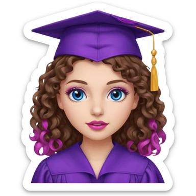 girl with curly and long wavy brown hair, blue eyes, long lashes makeup, sexy pink lips, wearing a purple graduation cap and gown sticker