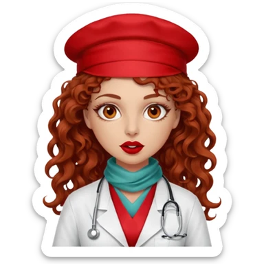 Sensual Spanish Lilith core evil surgeon.red outfit.  Surgeon has hazel eyes. Her hair is BROWN. Hair is also  long and  curly. wearing a sexy surgeon outfit with platform  heels.she is a calculated smart killer. She covers only her mouth and nose with silk scarf to hide identity  sticker