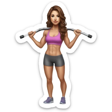 Hyperrealistic pencil drawing of athletic sexy girl in full height with brown hair and barbell sticker