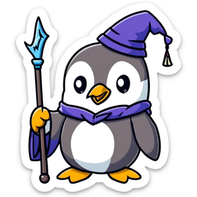 penguin with wizard robe and magic staff sticker