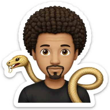 Homme noir, yeux marron avec un bouc sans la moustache, cheveux court et bouclé crépus avec un dégradé sur le côté, avec un cobra à côté , t-shirt noir  sticker