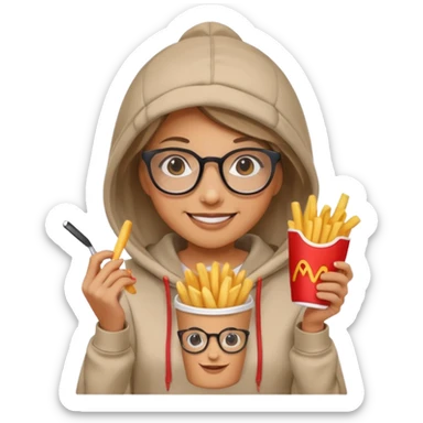 Woman with Glasses & Fries – cheerful woman in hoodie, holding paper cup of fries.





































 sticker