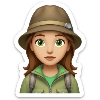 woman hiking in the woods in the sunshine. light face and green eyes. wearing a hat, brown hair sticker