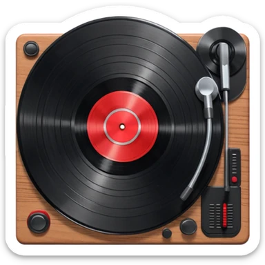 3D render of Vinyl Record, vintage 1980s audio equipment aesthetic, tactile analog buttons, shiny black grooved disc with a red center label, mixed wood grain and brushed aluminum textures, Apple emoji style, isolated on white background --v 6.0 sticker