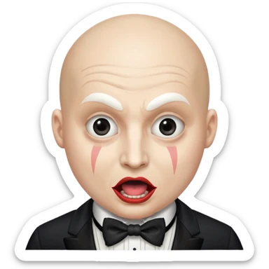 a bald cabaret actor with a white-painted face and heavily made-up eyes and mouth, a huge, wide-open mouth, and a startled look sticker