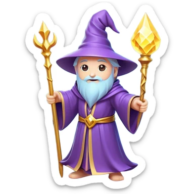 Clash of Clans aesthetic: Cinematic Playful Wizard Hero Emoji, rendered in a 3D vector-style similar to standard emojis with minimal shading and bold, simplified shapes. A compact, isometric figure draped in flowing enchanted robes and wielding a mystical staff, softly glowing with an arcane magical charm. Simplified yet unmistakably iconic, highly detailed and consistent, glowing with a soft radiant glow and high shine. Stylized with a touch of whimsical sorcery and a soft glowing outline, capturing the essence of a powerful wizard ready to cast spells with a friendly, playful spirit! sticker