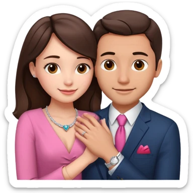 Brunette girl, with an engagement ring on her finger hugging a handsome man, (her boyfriend) both of them happy, she’s wearing a pink dress, he is wearing a suit, he’s also a rich businessman, and there is the 💜 purple heart emoji on top. They look in love with each other sticker