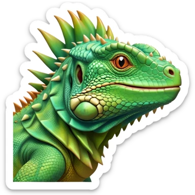 Cinematic Noble Iguana Portrait Emoji, Poised and majestic, with a robust, muscular build and a vibrant, scaly body accented by a prominent spiky crest and keen, observant eyes, Simplified yet sharp and sophisticated features, highly detailed, glowing with a soft, jungle radiance, high shine, intelligent and formidable, stylized with an air of ancient reptilian authority, focused and commanding, soft glowing outline, capturing the essence of a watchful guardian that appears ready to stride out of the screen with effortless might! sticker