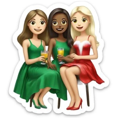 2 brunette girls and 1 blonde girl drinking together wearing Christmas tree dresses sticker