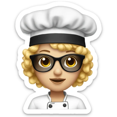 young white woman, with blond curly hair, sunglasses and chef toque sticker