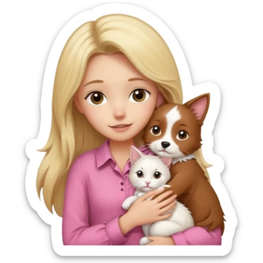 Garota loira fofa de cabelo comprido usando uma blusa rosa abraçando um border collie marrom e um gato branco sticker