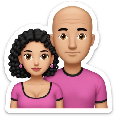 A picture if a couple. the man is a Mexican man with tanned skin, black hair, a bald hair cut, short boxed beard, and wearing a black shirt. the woman is mixed with black and white, with curly long hair, stud earrings,  wearing a pink shirt and with big boobs sticker