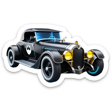 Mad max luxurious survival apocalypse ghostly sporty antique electric Darth Vader’s Batman-armored 1926 black graphite colored enclosed twin seat town coupe Batmobile with horizontal holographic 3d stars painted on the body sides and neon under glow  sticker