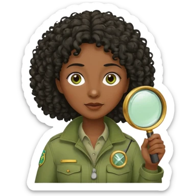 dark skin curly black haired middle-aged woman in moss green explorer outfit, holding magnifying glass sticker