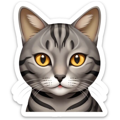 Cinematic Noble Grey and Black Brown Tabby Cat Portrait Emoji, Poised and regal, with sleek grey-brown fur featuring bold black tabby stripes and a distinct M-shaped marking on the forehead, bright amber eyes, Simplified yet sharp and sophisticated features, highly detailed, glowing with a soft, dignified glow, high shine, intelligent and graceful, stylized with an air of elegance, focused and attentive, soft glowing outline, capturing the essence of a watchful and refined feline, so majestic it feels as though it could glide across the screen with effortless confidence! sticker