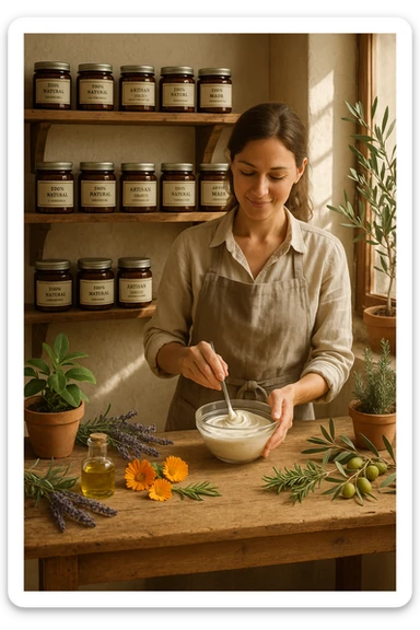 A realistic, high-quality photo of a small artisan skincare laboratory in Italy, with wooden shelves displaying beautifully packaged glass jars of natural creams made with herbal and botanical extracts, olive oil, and essential oils, clearly labeled ‘100% Natural’ and ‘Artisan Made in Italy’. The scene includes a bright, sunlit rustic workspace with plants, fresh lavender, rosemary, calendula flowers, and olive branches on the wooden counter, symbolizing purity and nature. A female artisan in a linen apron is carefully mixing creams in a glass bowl, smiling softly. The environment feels warm, authentic, and eco-friendly, emphasizing the concept of handcrafted skincare without synthetic chemicals in italiano sticker