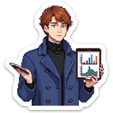 Flat pixel art, bold and charismatic male leader, Caucasian, short auburn hair, sharp eyes, wearing indigo coat over black turtleneck, one arm raised giving direction, holding tablet with graphs, waist-up, front-facing sticker
