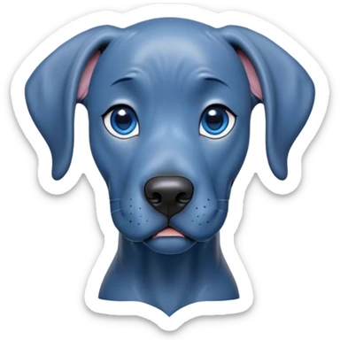 Cinematic Cute Blue Great Dane Portrait Emoji, Head tilted playfully and inquisitively, featuring a glossy blue Fur with a refined sheen, round, sparkling steel-blue eyes filled with curiosity, Simplified yet irresistibly adorable features, highly detailed, glowing with a warm, friendly glow, high shine, affectionate and gentle, stylized with a touch of whimsy, bright and endearing, soft glowing outline, capturing the essence of a mischievous yet loving pup, so playful it feels like it could lumber out of the screen and into your arms! sticker