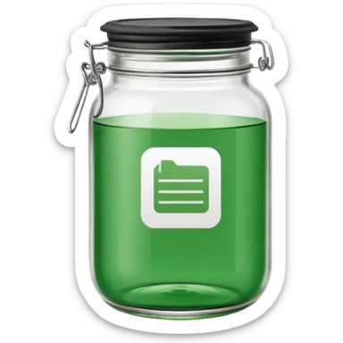 green jar emoji with green lid, containing three minimal monochrome icons inside: bookmark, photo symbol, and paperclip — simple, clean, flat design. sticker