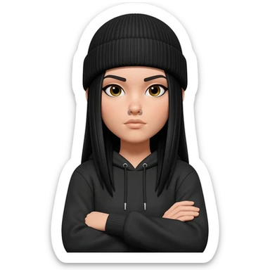 White curvy female with long straight black hair wearing a beanie and standing with arms crossed wearing a hoodie and both nostrils pierced sticker