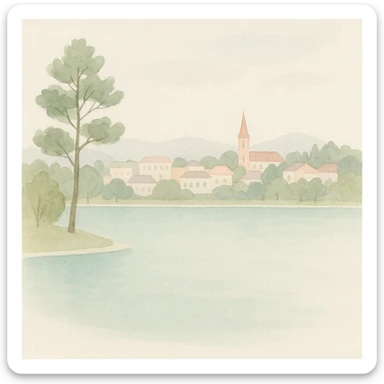 soft watercolor illustration of Lake Xuân Hương in Da Lat city, view of the city in the background across the lake, minimalist modern style, pastel colors, delicate linework, gentle whimsical mood, minimal soft shading sticker