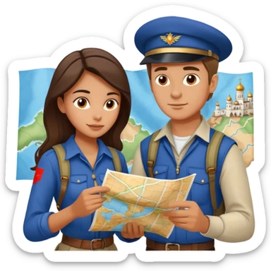 Russian man and elegant Spanish girl in adventure outfits with a map planning  sticker