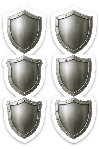 6 scudi che simboleggiano "difesa e protezione", realistici in 3d fluttuano in aria, iperrealistico 4k sticker