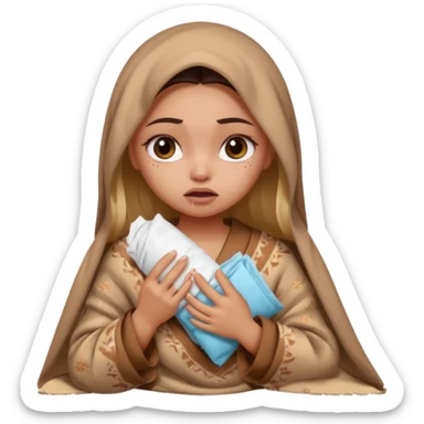 a pretty bratz fair indian girl wearing a brown pajamas and blnaket, dark circles, crying, holding tissues sticker