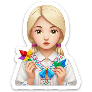 Ukrainian young girl in a white embroidered traditional shirt (vyshyvanka) holding colorful origami sticker