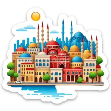 Cinematic Realistic Istanbul Pop Culture Emoji, depicted with a vibrant portrayal of the bustling cityscape rendered with lively textures and energetic, urban lighting. sticker