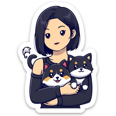 girl with black shoulder-length hair wearing a black tight-fitting top with a calico cat with white mouth and a shiba inu dog sticker