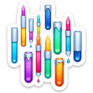 Create an icon that represents decorative arts using epoxy resin in tubes. The design should feature colorful tubes of resin, including fluorescent resin tubes, with visible drops or strokes of resin being applied to create intricate designs. Include examples of finished resin jewelry or decorative pieces, such as pendants, rings, or abstract art. The composition should feel vibrant and artistic, highlighting the creative and glowing nature of resin crafting. The background should be transparent. sticker