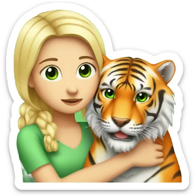 A blonde white girl, green eyes hugs an orange tiger sticker