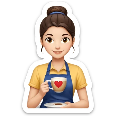 Cute brunette barista girl with hair in a bun wearing yellow shirt and dark blue apron, she's relaxed and making heart-shaped latte art, smiling at the coffee cup with a heart design in the foam sticker