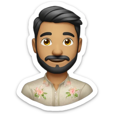 Indian 23 year old male with Indian fair complexion with beard and moustache joined,sharp nose, white floral shirt, winking  sticker