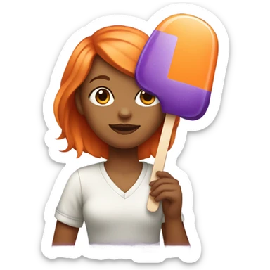 A girl with orange hair holding a purple popsicle  sticker