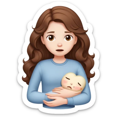 Girl with curled brown long length hair with stomach ache sticker