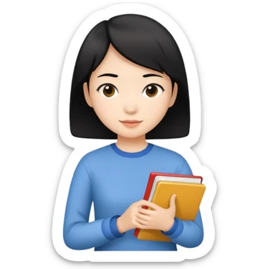A young female guide with fair skin and short black hair from Asia, holding her guide in one hand sticker