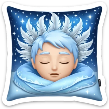 mystical pillow shimmering with icy blue and silver, surrounded by glowing feathers and frosty aura, gentle energy waves cradling a head, magical pain-free starlit sleep sticker