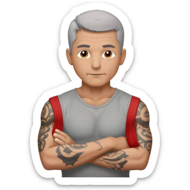 un homme de 50 ans, cheveux court gris, musclé avec le bras droit tatoué sticker