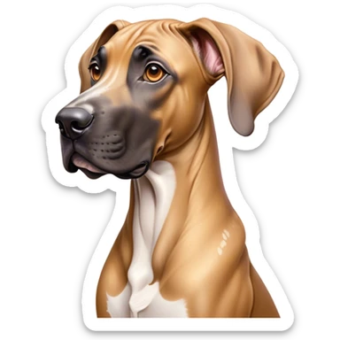 Cinematic Cute Fawn Great Dane Portrait Emoji, Head tilted playfully and inquisitively, showcasing a glossy fawn coat with a subtle luster, round, sparkling amber eyes filled with curiosity, Simplified yet irresistibly adorable features, highly detailed, glowing with a warm, friendly glow, high shine, affectionate and gentle, stylized with a touch of whimsy, bright and endearing, soft glowing outline, capturing the essence of a mischievous yet loving pup, so playful it feels like it could lumber out of the screen and into your arms! sticker