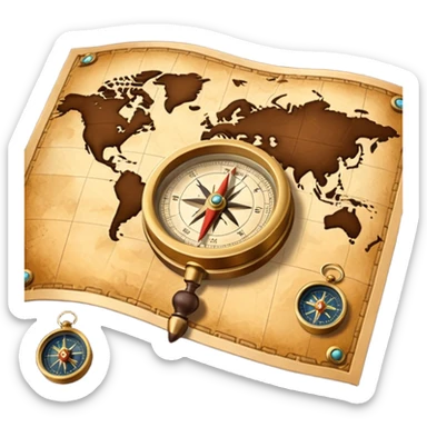 3D Brown golden map with Travel compass pointing to adventure sticker