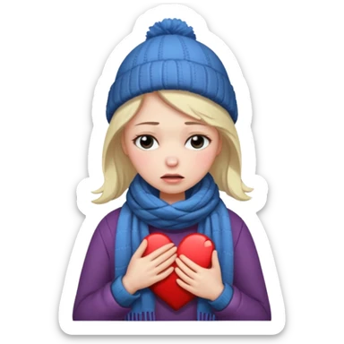 woman broken hearted, looking down sad, about to cry. holding her heart breaking, wearing a winter outfit sticker