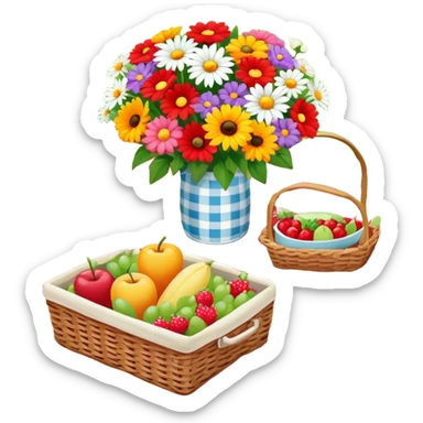 colorful bouquet of flowers on a red and white checkered picnic blanket with small picnic basket nearby sticker