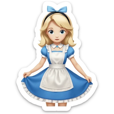 Disney's Alice in Wonderland curtseying in her blue dress with white apron, blonde hair with headband sticker