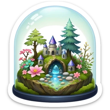Sparkly shiny iridescent Mystical woodland glass-dome-terrarium-globe with moss inside, with marbles, with pebbles, crystals, with bones inside, and flowers inside  sticker
