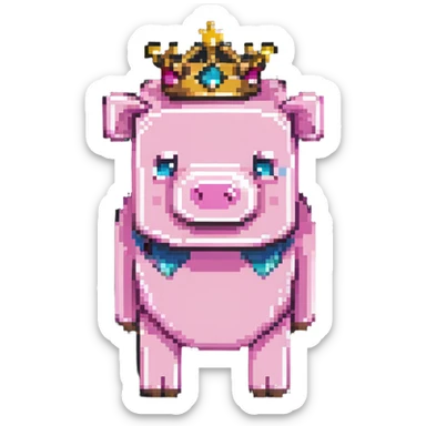 Minecraft pig full body pink blocky animal with square head wearing a crown sticker