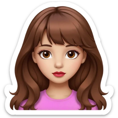 A girly girl with medium skin, soft pinkish cheeks, large bambi dark hazel eyes with long eyelashes, long wavy brown hair with full soft bangs, medium straight nose with a soft tip, medium natural red lips,very feminine and pretty features, sticker